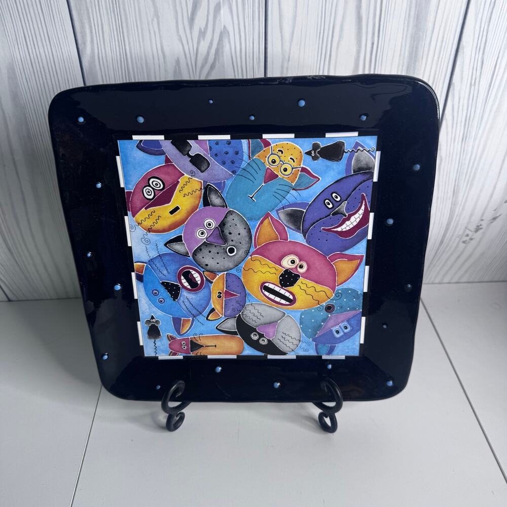 Whimsical Colorful Folk Art “Cat Soupple” Dinner Platter Black 12 x 12